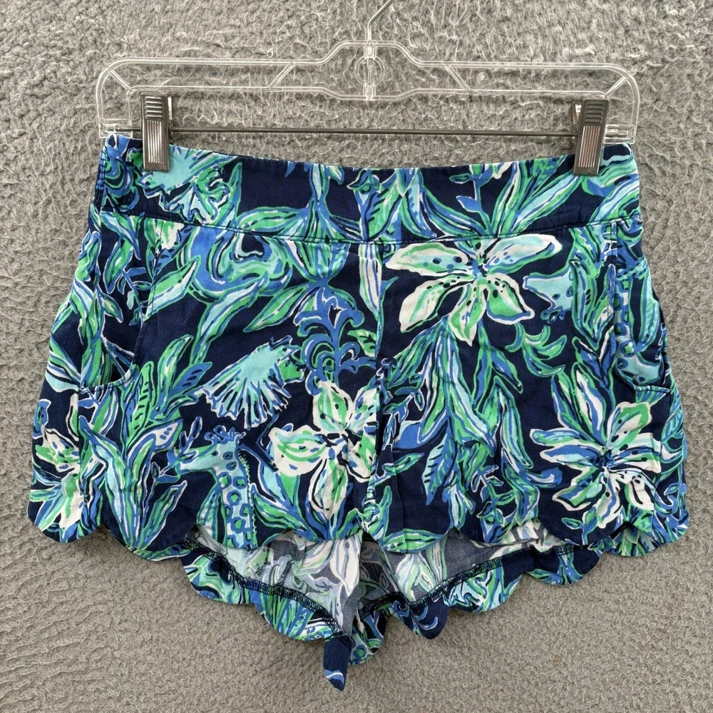 Lilly Pulitzer Shorts Women S‎ Blue Green Floral Scalloped Hem Modal Tencel